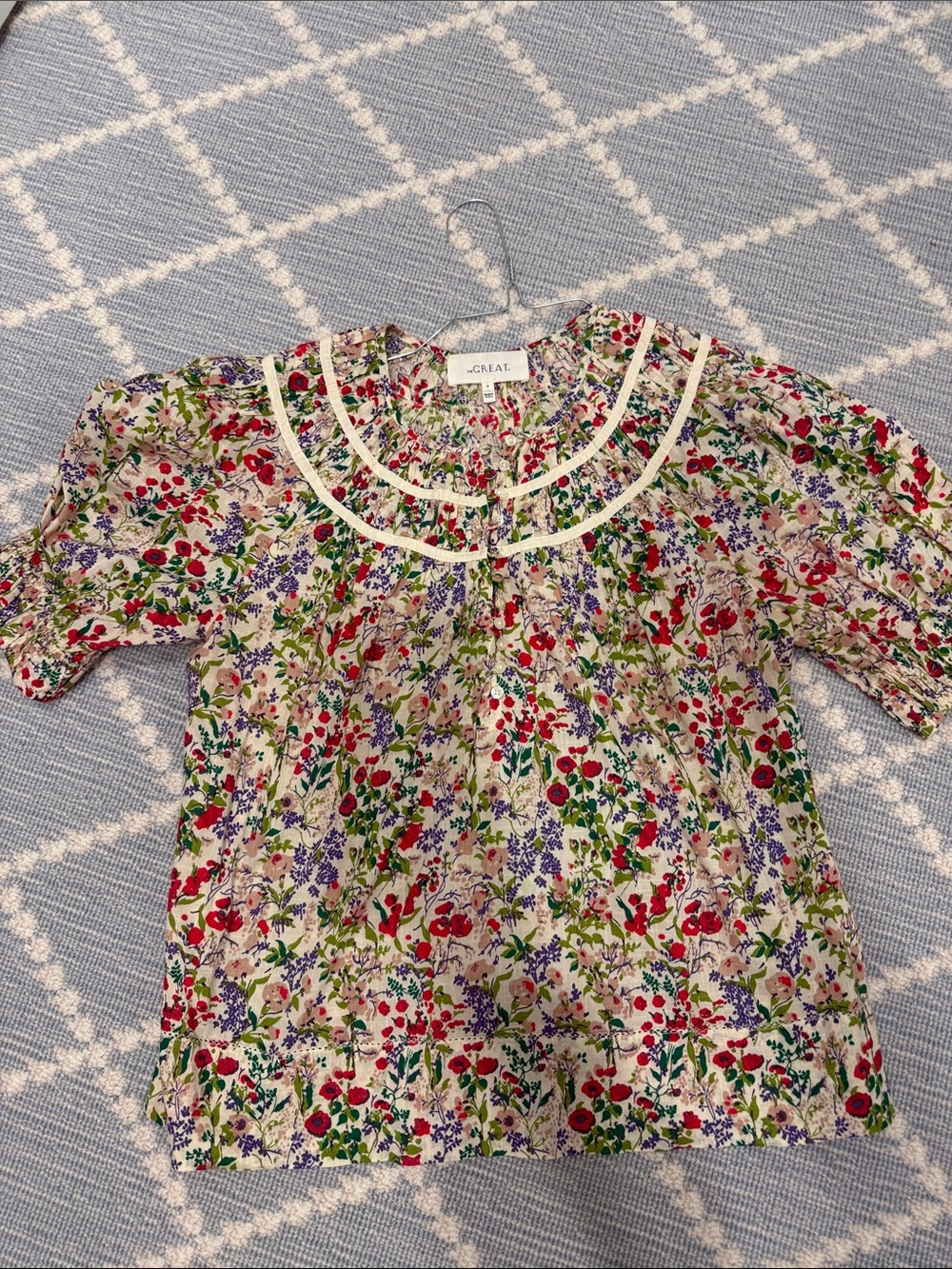 THE GREAT. Floral Cotton Puff Sleeve Blouse - White, Red, Green, Purple